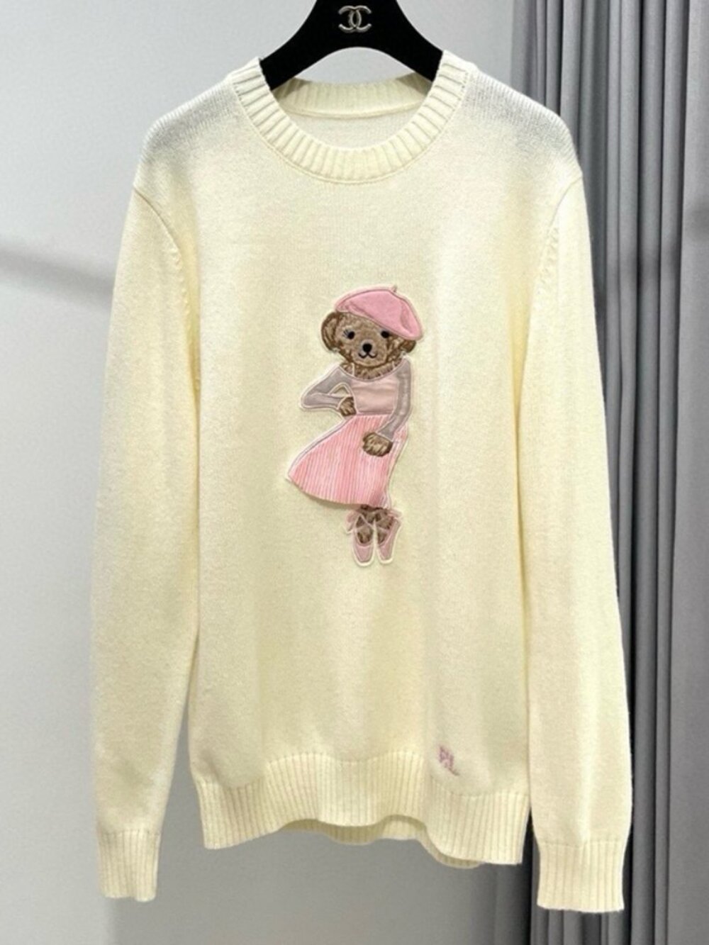 Polo Ralph Lauren Women Cream Knit Sweater Ballet Bear Patch Crewneck Top